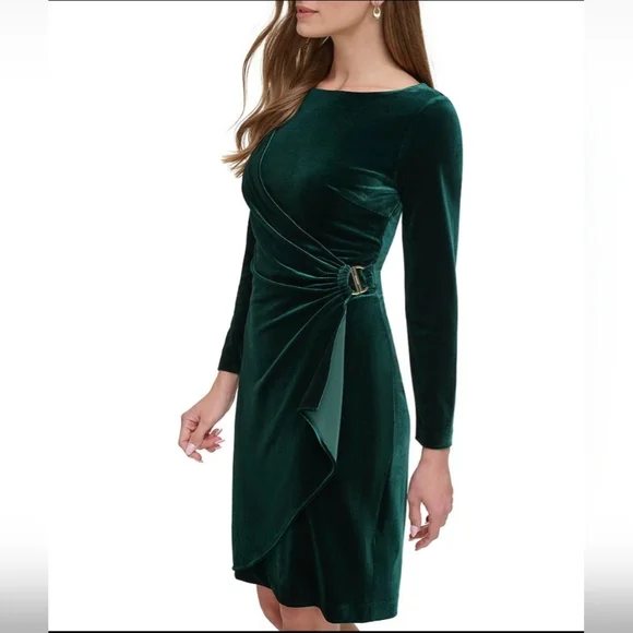 NWOT DKNY Long Sleeve Ruched Bodice Faux Wrap Velvet Midi Dress:Hunter Green: 16 - Picture 1 of 13
